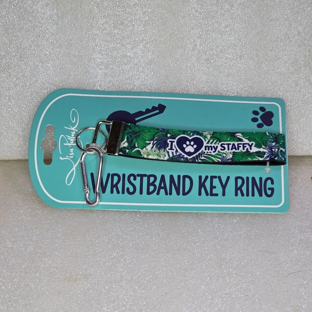 Lisa Pollock Wristband Key Ring I Heart My Staffy Dog Tropical Green New